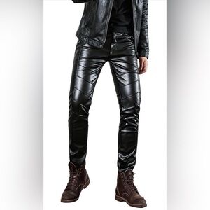 Idopy Men`s Black Slim Fit Soft PU Faux Leather Biker Pants Size 36